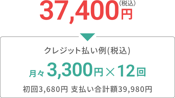37,400円税込 クレジット払い例(税込)月々3,300円x12回　初回3,680円 支払い合計額39,980円